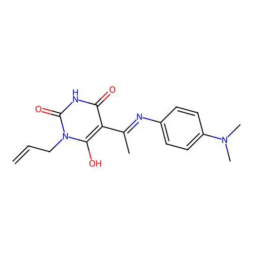 (E)-1-allyl-5-(1-((4-(dimethylamino)phenyl)amino)ethylidene)pyrimidine-2,4,6(1H,3H,5H)-trione structure