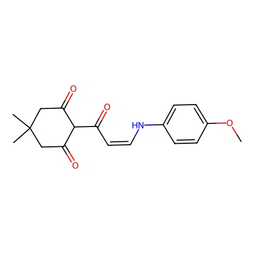 (Z)-2-(3-((4-methoxyphenyl)amino)acryloyl)-5,5-dimethylcyclohexane-1,3-dione structure