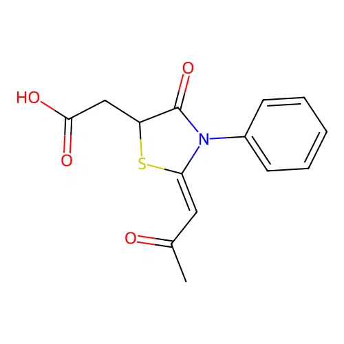 2-[(2Z)-4-oxo-2-(2-oxopropylidene)-3-phenyl-1,3-thiazolidin-5-yl]acetic acid structure