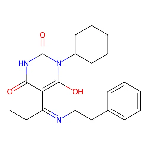 (5E)-1-cyclohexyl-5-[1-(phenethylamino)propylidene]barbituric acid structure