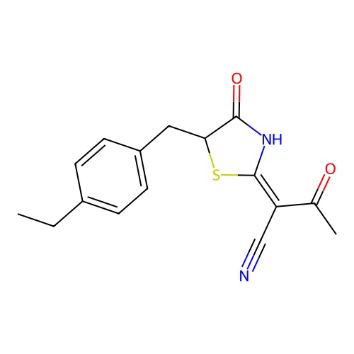 (E)-2-(5-(4-ethylbenzyl)-4-oxothiazolidin-2-ylidene)-3-oxobutanenitrile structure