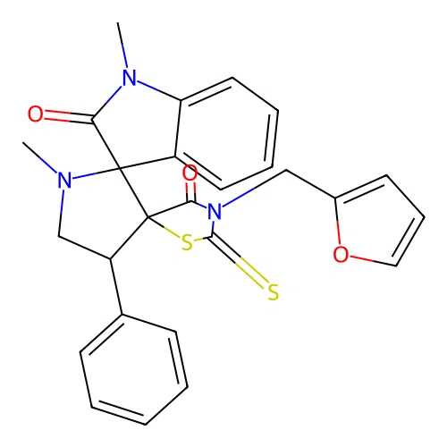3''-(furan-2-ylmethyl)-1,1'-dimethyl-4'-phenyl-2''-thioxo-4''H-dispiro[indole-3,2'-pyrrolidine-3',5''-[1,3]thiazolidine]-2,4''(1H)-dione structure