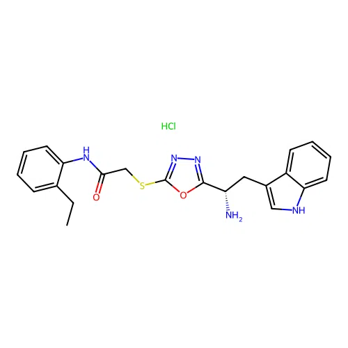 (S)-2-((5-(1-amino-2-(1H-indol-3-yl)ethyl)-1,3,4-oxadiazol-2-yl)thio)-N-(2-ethylphenyl)acetamide hydrochloride structure