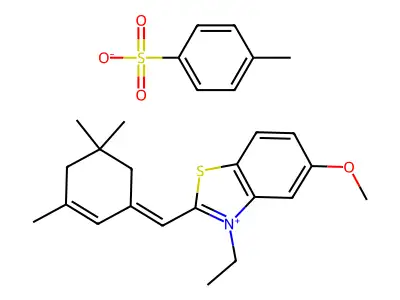 (E)-3-ethyl-5-methoxy-2-((3,5,5-trimethylcyclohex-2-en-1-ylidene)methyl)benzo[d]thiazol-3-ium 4-methylbenzenesulfonate structure