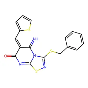 (6Z)-3-benzylsulfanyl-5-imino-6-(thiophen-2-ylmethylidene)-[1,2,4]thiadiazolo[4,5-a]pyrimidin-7-one structure