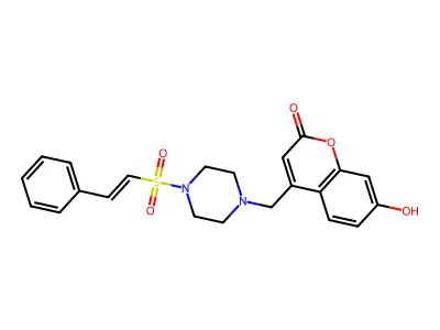 7-hydroxy-4-[[4-[(E)-2-phenylethenyl]sulfonylpiperazin-1-yl]methyl]chromen-2-one structure