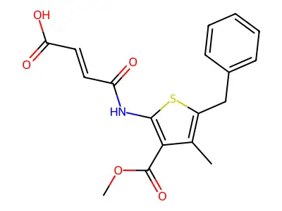 (E)-4-((5-benzyl-3-(methoxycarbonyl)-4-methylthiophen-2-yl)amino)-4-oxobut-2-enoic acid structure