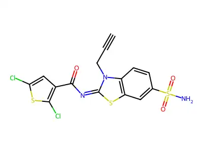 2,5-dichloro-N-(3-prop-2-ynyl-6-sulfamoyl-1,3-benzothiazol-2-ylidene)thiophene-3-carboxamide structure