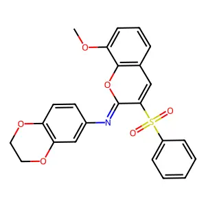 N-[(2Z)-3-(benzenesulfonyl)-8-methoxy-2H-chromen-2-ylidene]-2,3-dihydro-1,4-benzodioxin-6-amine structure