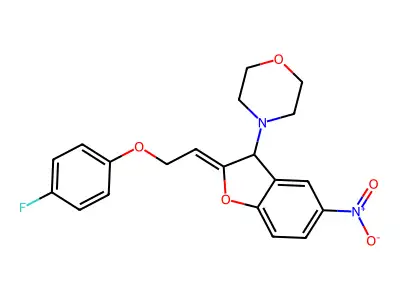 4-[(2Z)-2-[2-(4-fluorophenoxy)ethylidene]-5-nitro-3H-1-benzofuran-3-yl]morpholine structure