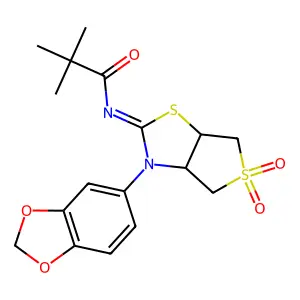 N-[(2Z)-3-(1,3-benzodioxol-5-yl)-5,5-dioxidotetrahydrothieno[3,4-d][1,3]thiazol-2(3H)-ylidene]-2,2-dimethylpropanamide structure