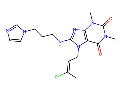(E)-8-((3-(1H-imidazol-1-yl)propyl)amino)-7-(3-chlorobut-2-en-1-yl)-1,3-dimethyl-1H-purine-2,6(3H,7H)-dione structure