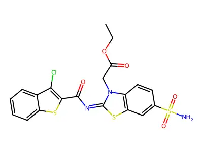 ethyl 2-[2-(3-chloro-1-benzothiophene-2-carbonyl)imino-6-sulfamoyl-1,3-benzothiazol-3-yl]acetate structure