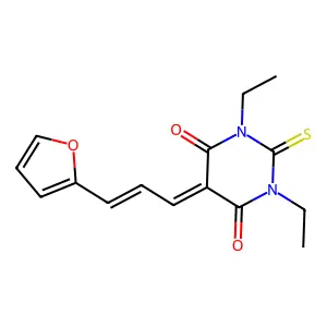 1,3-diethyl-5-[(E)-3-(furan-2-yl)prop-2-enylidene]-2-sulfanylidene-1,3-diazinane-4,6-dione structure