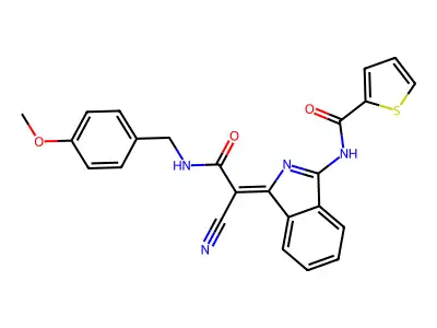 (Z)-N-(1-(1-cyano-2-((4-methoxybenzyl)amino)-2-oxoethylidene)-1H-isoindol-3-yl)thiophene-2-carboxamide structure