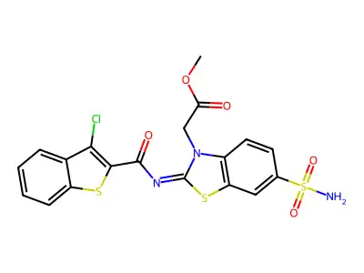 (Z)-methyl 2-(2-((3-chlorobenzo[b]thiophene-2-carbonyl)imino)-6-sulfamoylbenzo[d]thiazol-3(2H)-yl)acetate structure
