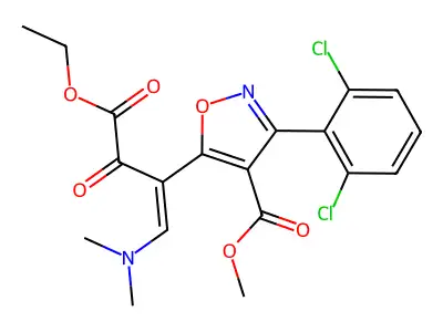 methyl 3-(2,6-dichlorophenyl)-5-[1-(dimethylamino)-4-ethoxy-3,4-dioxobut-1-en-2-yl]-1,2-oxazole-4-carboxylate structure