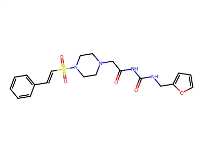 N-(furan-2-ylmethylcarbamoyl)-2-[4-[(E)-2-phenylethenyl]sulfonylpiperazin-1-yl]acetamide structure