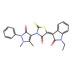 (3Z)-3-[3-(1,5-dimethyl-3-oxo-2-phenyl-2,3-dihydro-1H-pyrazol-4-yl)-4-oxo-2-thioxo-1,3-thiazolidin-5-ylidene]-1-ethyl-1,3-dihydro-2H-indol-2-one structure