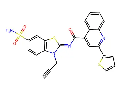N-(3-prop-2-ynyl-6-sulfamoyl-1,3-benzothiazol-2-ylidene)-2-thiophen-2-ylquinoline-4-carboxamide structure