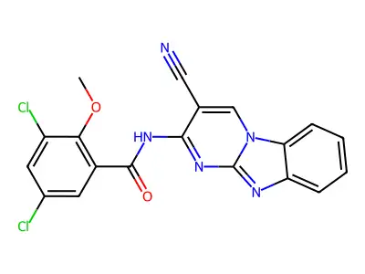 3,5-dichloro-N-(3-cyanopyrimido[1,2-a]benzimidazol-2-yl)-2-methoxybenzamide structure