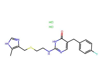 4(1H)-Pyrimidinone, 5-((4-fluorophenyl)methyl)-2-((2-(((5-methyl-4H-imidazol-4-yl)methyl)thio)ethyl)amino)-, dihydrochloride structure