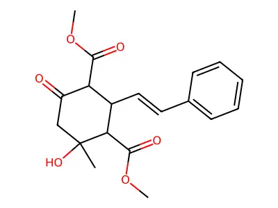 Dimethyl 4-hydroxy-4-methyl-6-oxo-2-(2-phenylvinyl)-1,3-cyclohexanedicarboxylate structure