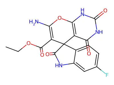 Spiro(3H-indole-3,5'(5H)-pyrano(2,3-d)pyrimidine)-6'-carboxylic acid, 1,1',2,2',3',4'-hexahydro-7'-amino-6-fluoro-2,2',4'-trioxo-, ethyl ester structure