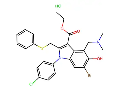 1H-Indole-3-carboxylic acid, 6-bromo-1-(4-chlorophenyl)-4-((dimethylamino)methyl)-5-hydroxy-2-((phenylthio)methyl)-, ethyl ester, monohydrochloride structure
