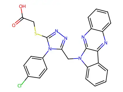 Acetic acid, ((1-(4-chlorophenyl)-5-((6H-indolo(2,3-b)quinoxalin-6-yl)methyl)-1H-1,3,4-triazol-2-yl)thio)- structure