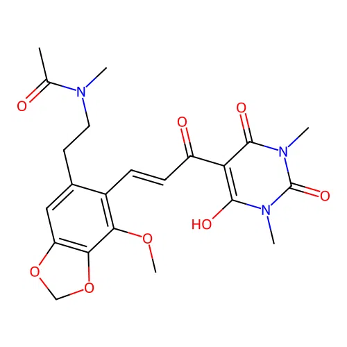 (E)-N-(2-(6-(3-(6-hydroxy-1,3-dimethyl-2,4-dioxo-1,2,3,4-tetrahydropyrimidin-5-yl)-3-oxoprop-1-en-1-yl)-7-methoxybenzo[d][1,3]dioxol-5-yl)ethyl)-N-methylacetamide structure