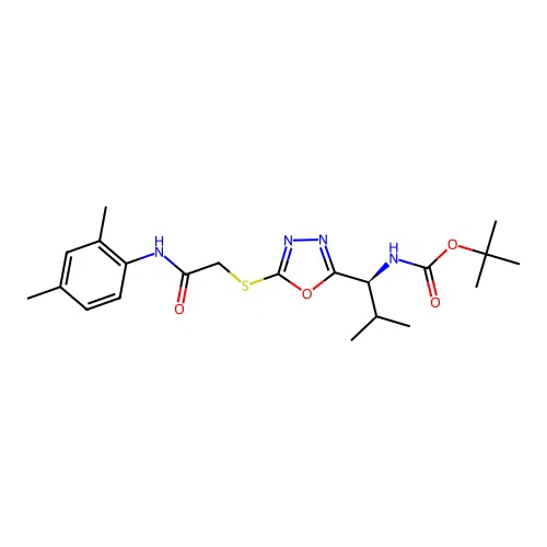 (S)-tert-butyl (1-(5-((2-((2,4-dimethylphenyl)amino)-2-oxoethyl)thio)-1,3,4-oxadiazol-2-yl)-2-methylpropyl)carbamate structure