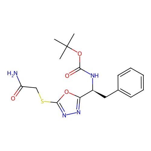 tert-butyl N-[(1S)-1-[5-(2-amino-2-oxoethyl)sulfanyl-1,3,4-oxadiazol-2-yl]-2-phenylethyl]carbamate structure