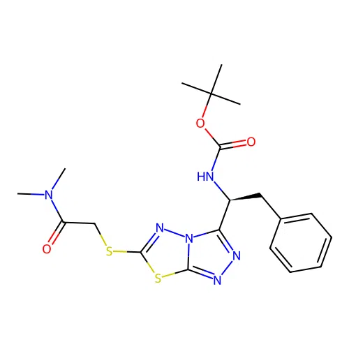 (S)-tert-butyl (1-(6-((2-(dimethylamino)-2-oxoethyl)thio)-[1,2,4]triazolo[3,4-b][1,3,4]thiadiazol-3-yl)-2-phenylethyl)carbamate structure