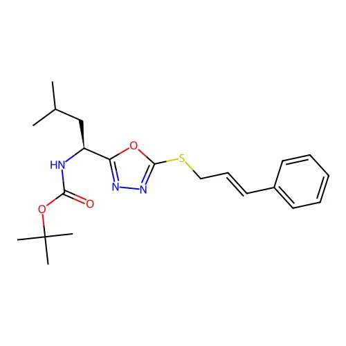 (S,E)-tert-butyl (1-(5-(cinnamylthio)-1,3,4-oxadiazol-2-yl)-3-methylbutyl)carbamate structure
