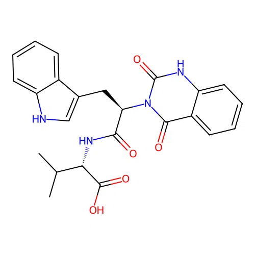 (S)-2-((R)-2-(2,4-dioxo-1,2-dihydroquinazolin-3(4H)-yl)-3-(1H-indol-3-yl)propanamido)-3-methylbutanoic acid structure