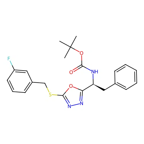 (S)-tert-butyl (1-(5-((3-fluorobenzyl)thio)-1,3,4-oxadiazol-2-yl)-2-phenylethyl)carbamate structure