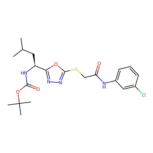 (S)-tert-butyl (1-(5-((2-((3-chlorophenyl)amino)-2-oxoethyl)thio)-1,3,4-oxadiazol-2-yl)-3-methylbutyl)carbamate structure