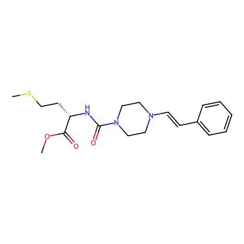 (S,E)-methyl 4-(methylthio)-2-(4-styrylpiperazine-1-carboxamido)butanoate structure