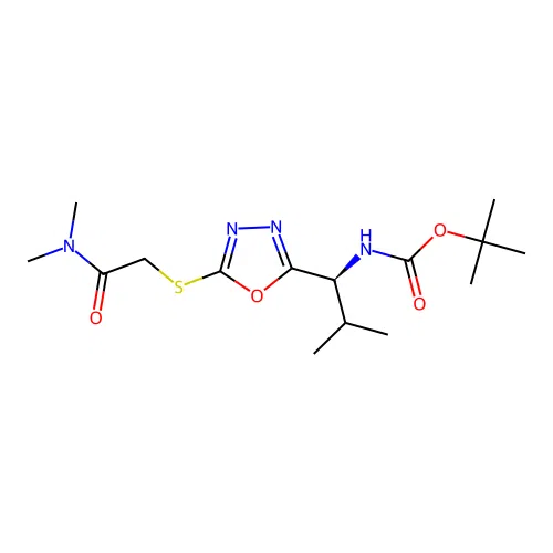 (S)-tert-butyl (1-(5-((2-(dimethylamino)-2-oxoethyl)thio)-1,3,4-oxadiazol-2-yl)-2-methylpropyl)carbamate structure