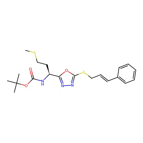 (S,E)-tert-butyl (1-(5-(cinnamylthio)-1,3,4-oxadiazol-2-yl)-3-(methylthio)propyl)carbamate structure