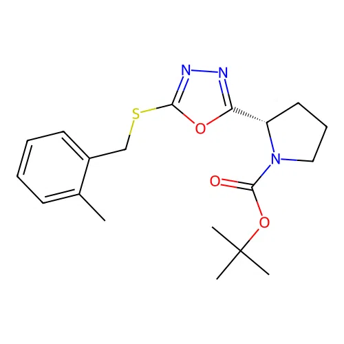 (S)-tert-butyl 2-(5-((2-methylbenzyl)thio)-1,3,4-oxadiazol-2-yl)pyrrolidine-1-carboxylate structure
