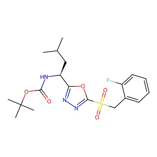 (S)-tert-butyl (1-(5-((2-fluorobenzyl)sulfonyl)-1,3,4-oxadiazol-2-yl)-3-methylbutyl)carbamate structure