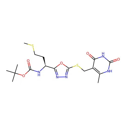 (S)-tert-butyl (1-(5-(((6-methyl-2,4-dioxo-1,2,3,4-tetrahydropyrimidin-5-yl)methyl)thio)-1,3,4-oxadiazol-2-yl)-3-(methylthio)propyl)carbamate structure