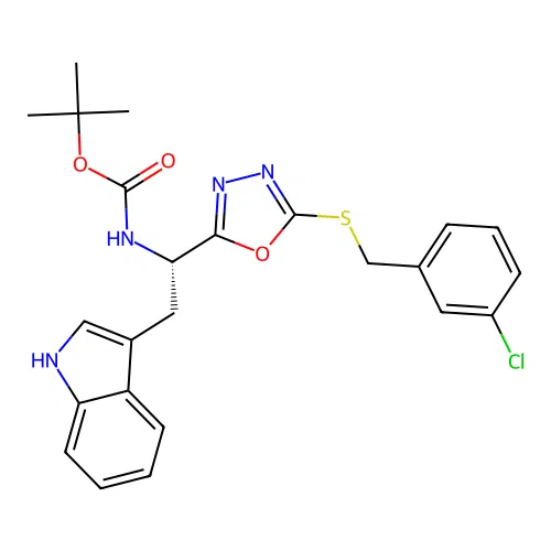 (S)-tert-butyl (1-(5-((3-chlorobenzyl)thio)-1,3,4-oxadiazol-2-yl)-2-(1H-indol-3-yl)ethyl)carbamate structure
