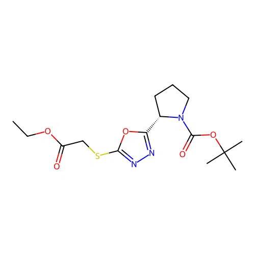(S)-tert-butyl 2-(5-((2-ethoxy-2-oxoethyl)thio)-1,3,4-oxadiazol-2-yl)pyrrolidine-1-carboxylate structure