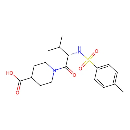 (S)-1-(3-methyl-2-(4-methylphenylsulfonamido)butanoyl)piperidine-4-carboxylic acid structure