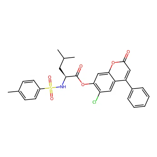 6-chloro-2-oxo-4-phenyl-2H-chromen-7-yl N-[(4-methylphenyl)sulfonyl]-L-leucinate structure