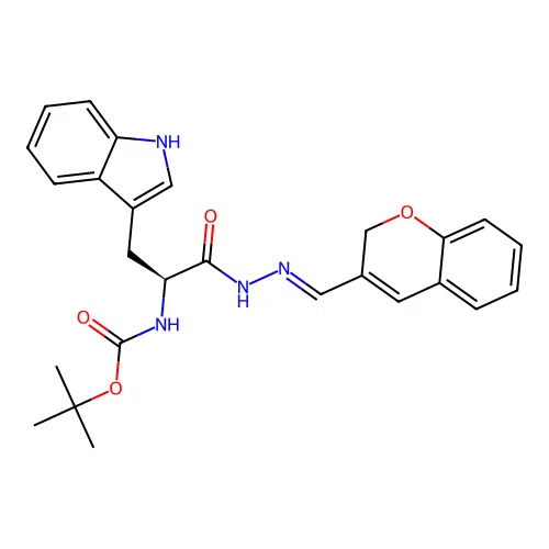 (S,E)-tert-butyl (1-(2-((2H-chromen-3-yl)methylene)hydrazinyl)-3-(1H-indol-3-yl)-1-oxopropan-2-yl)carbamate structure