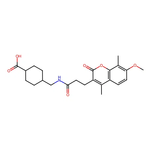 (1s,4s)-4-((3-(7-methoxy-4,8-dimethyl-2-oxo-2H-chromen-3-yl)propanamido)methyl)cyclohexanecarboxylic acid structure